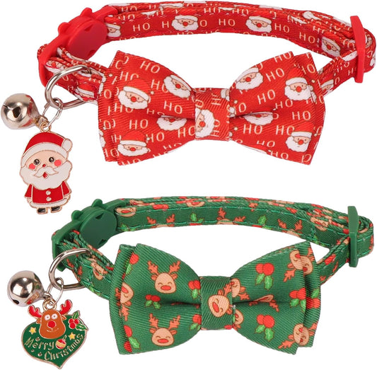 Christmas Cat Collar with Removable Bow Bell, 2 Pack Red Green Santa Reindeer Christmas Collars for Cat Kitten