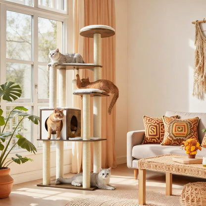 Cat Tree, 64.6-Inch Multi-Level Tower with 5 Scratching Posts | Modern Cat Condo for Indoor Cats, Perch, Washable Removable Cushions, Rustic Brown, CAEN Collection UPCT166X01