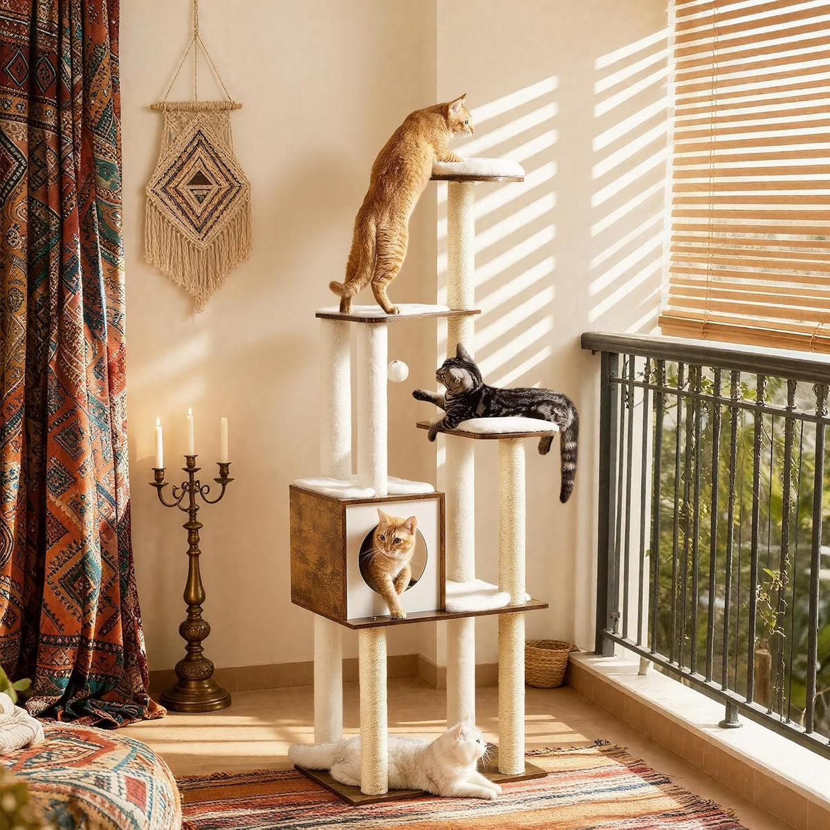 Cat Tree, 64.6-Inch Multi-Level Tower with 5 Scratching Posts | Modern Cat Condo for Indoor Cats, Perch, Washable Removable Cushions, Rustic Brown, CAEN Collection UPCT166X01
