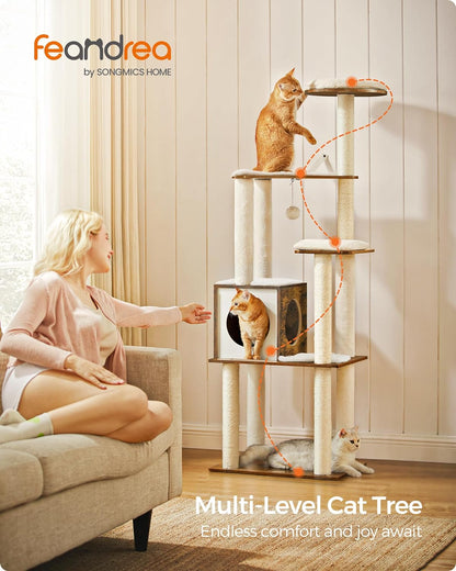 Cat Tree, 64.6-Inch Multi-Level Tower with 5 Scratching Posts | Modern Cat Condo for Indoor Cats, Perch, Washable Removable Cushions, Rustic Brown, CAEN Collection UPCT166X01