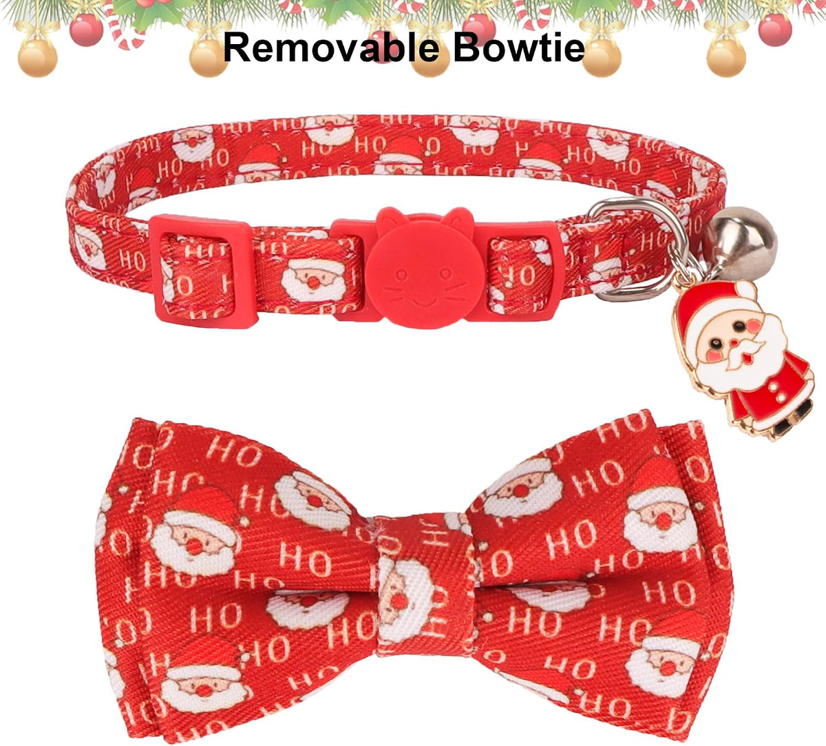 Christmas Cat Collar with Removable Bow Bell, 2 Pack Red Green Santa Reindeer Christmas Collars for Cat Kitten