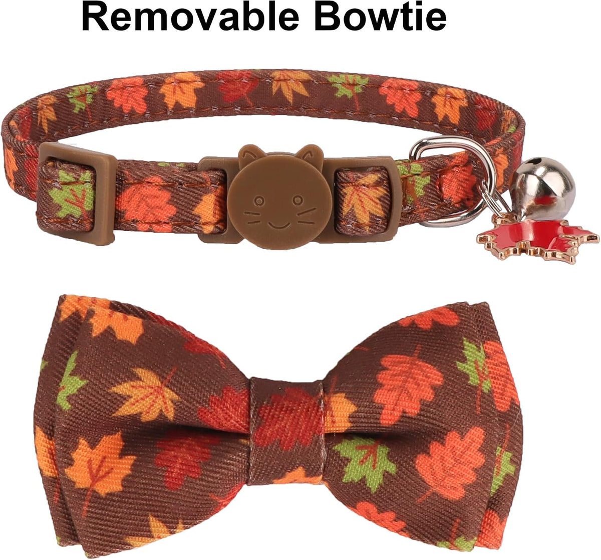 Fall Cat Collar with Bowtie, Fall Leaf Thanksgiving Cat Bow Collar | Detachable Bow Tie Bell, Maple Leaf Charm, Breakaway Buckle, Adjustable, for Cat Kitten, Fall Thanksgiving Holiday Party