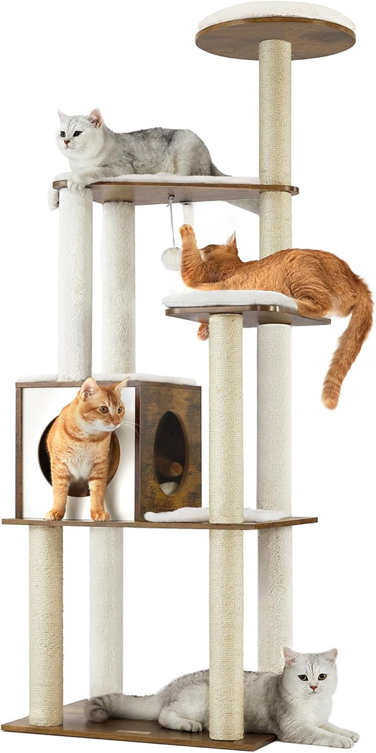 Cat Tree, 64.6-Inch Multi-Level Tower with 5 Scratching Posts | Modern Cat Condo for Indoor Cats, Perch, Washable Removable Cushions, Rustic Brown, CAEN Collection UPCT166X01