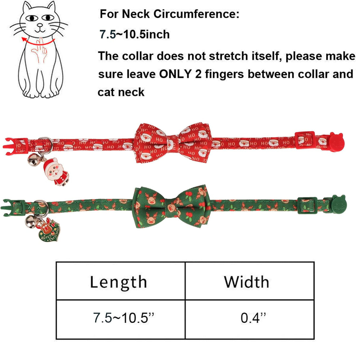 Christmas Cat Collar with Removable Bow Bell, 2 Pack Red Green Santa Reindeer Christmas Collars for Cat Kitten