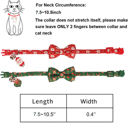 Christmas Cat Collar with Removable Bow Bell, 2 Pack Red Green Santa Reindeer Christmas Collars for Cat Kitten