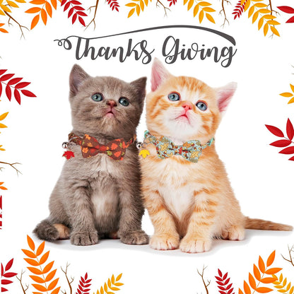 Fall Cat Collar with Bowtie, Fall Leaf Thanksgiving Cat Bow Collar | Detachable Bow Tie Bell, Maple Leaf Charm, Breakaway Buckle, Adjustable, for Cat Kitten, Fall Thanksgiving Holiday Party