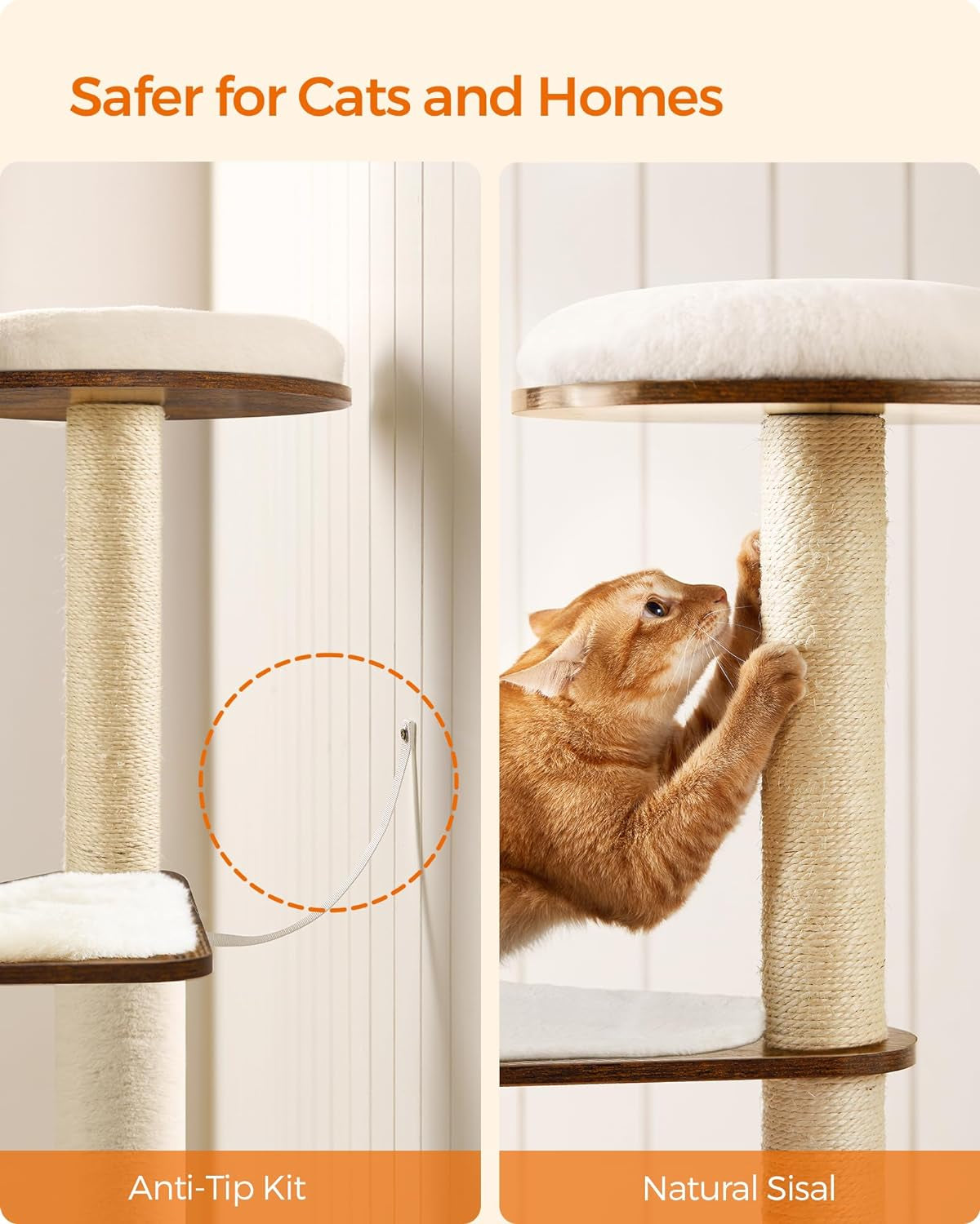 Cat Tree, 64.6-Inch Multi-Level Tower with 5 Scratching Posts | Modern Cat Condo for Indoor Cats, Perch, Washable Removable Cushions, Rustic Brown, CAEN Collection UPCT166X01