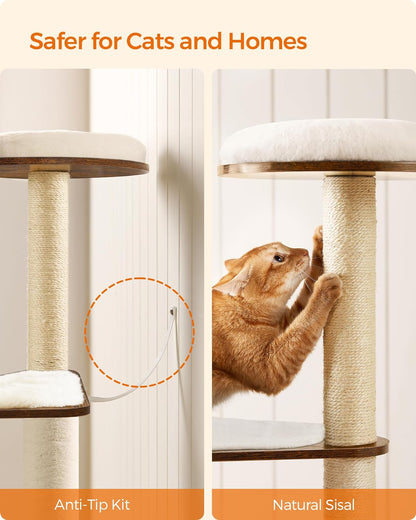 Cat Tree, 64.6-Inch Multi-Level Tower with 5 Scratching Posts | Modern Cat Condo for Indoor Cats, Perch, Washable Removable Cushions, Rustic Brown, CAEN Collection UPCT166X01