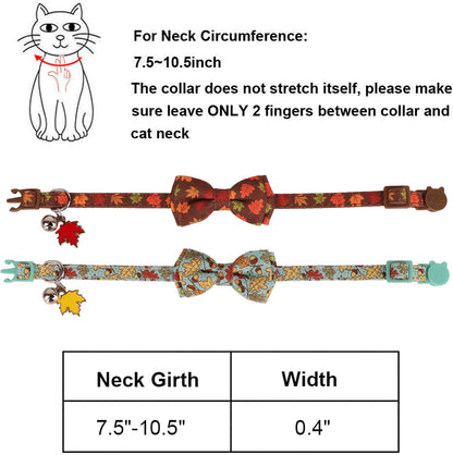 Fall Cat Collar with Bowtie, Fall Leaf Thanksgiving Cat Bow Collar | Detachable Bow Tie Bell, Maple Leaf Charm, Breakaway Buckle, Adjustable, for Cat Kitten, Fall Thanksgiving Holiday Party