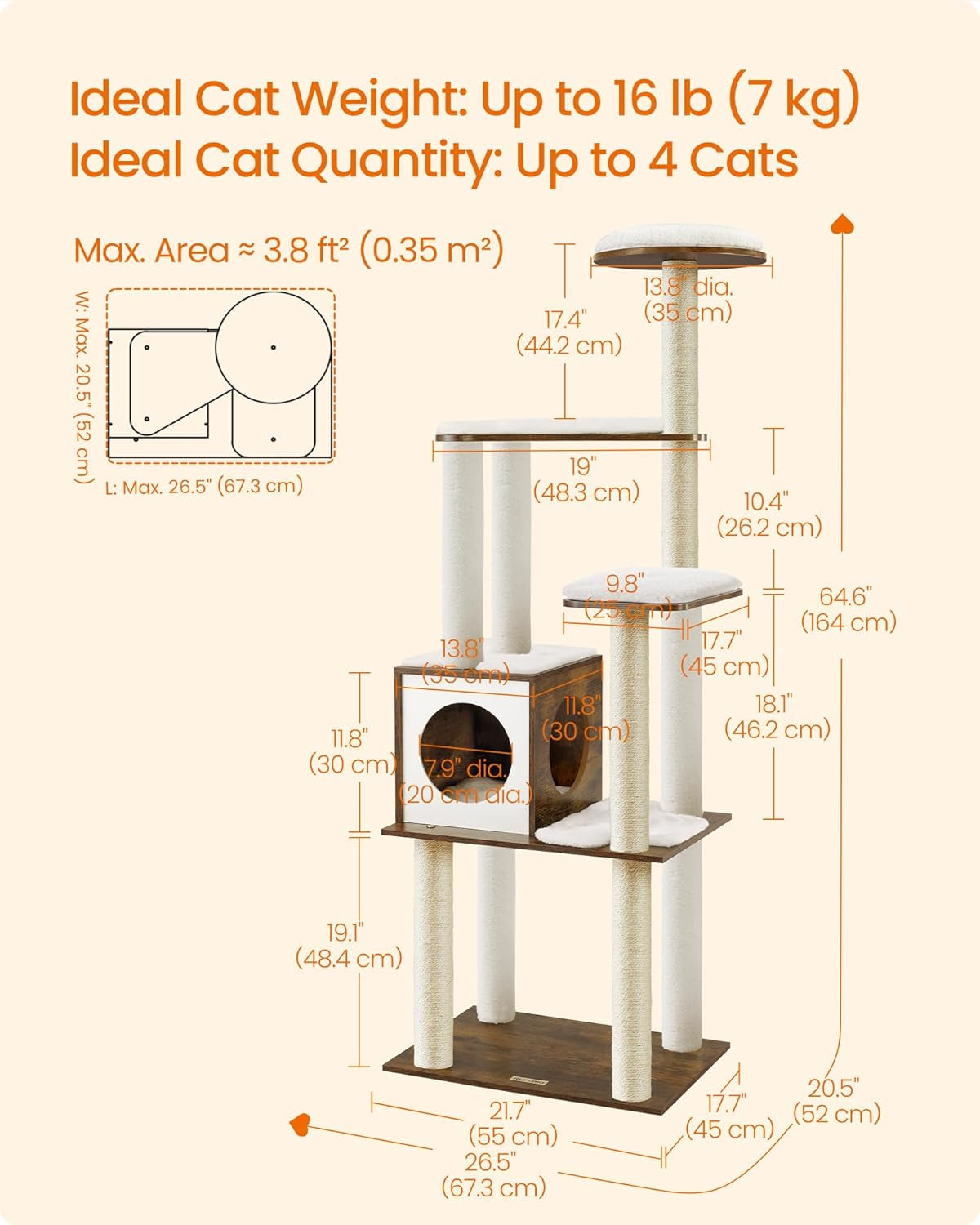 Cat Tree, 64.6-Inch Multi-Level Tower with 5 Scratching Posts | Modern Cat Condo for Indoor Cats, Perch, Washable Removable Cushions, Rustic Brown, CAEN Collection UPCT166X01