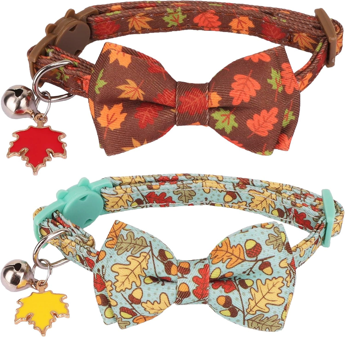 Fall Cat Collar with Bowtie, Fall Leaf Thanksgiving Cat Bow Collar | Detachable Bow Tie Bell, Maple Leaf Charm, Breakaway Buckle, Adjustable, for Cat Kitten, Fall Thanksgiving Holiday Party