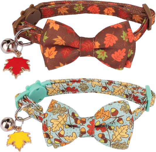 Fall Cat Collar with Bowtie, Fall Leaf Thanksgiving Cat Bow Collar | Detachable Bow Tie Bell, Maple Leaf Charm, Breakaway Buckle, Adjustable, for Cat Kitten, Fall Thanksgiving Holiday Party