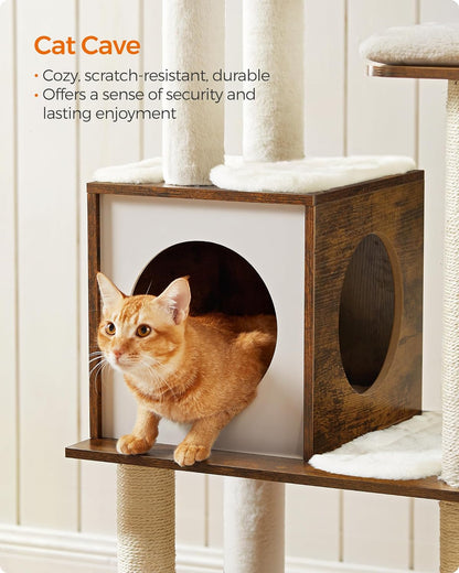 Cat Tree, 64.6-Inch Multi-Level Tower with 5 Scratching Posts | Modern Cat Condo for Indoor Cats, Perch, Washable Removable Cushions, Rustic Brown, CAEN Collection UPCT166X01