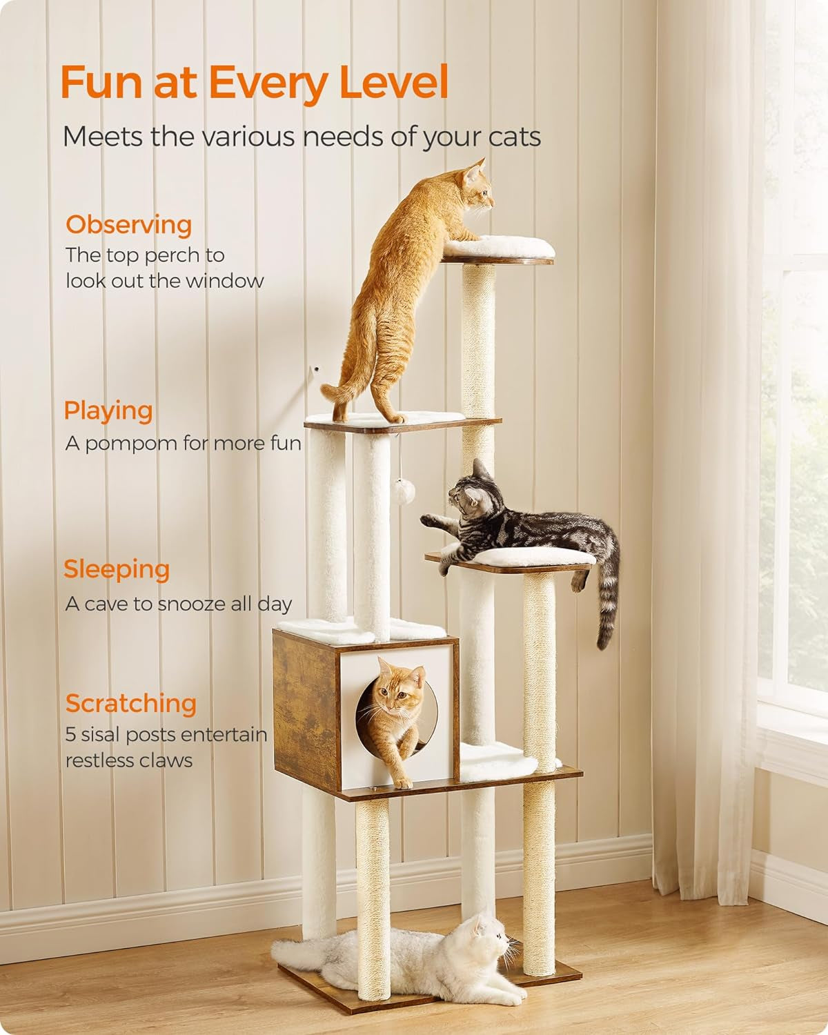 Cat Tree, 64.6-Inch Multi-Level Tower with 5 Scratching Posts | Modern Cat Condo for Indoor Cats, Perch, Washable Removable Cushions, Rustic Brown, CAEN Collection UPCT166X01
