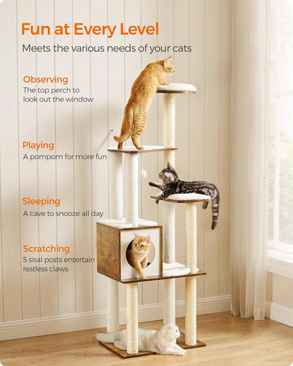 Cat Tree, 64.6-Inch Multi-Level Tower with 5 Scratching Posts | Modern Cat Condo for Indoor Cats, Perch, Washable Removable Cushions, Rustic Brown, CAEN Collection UPCT166X01
